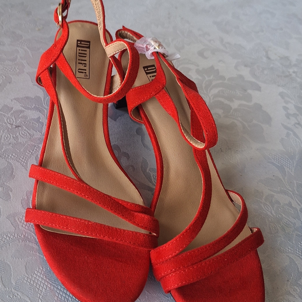 IDIFU Red Strappy Mid Block Heel Sandals